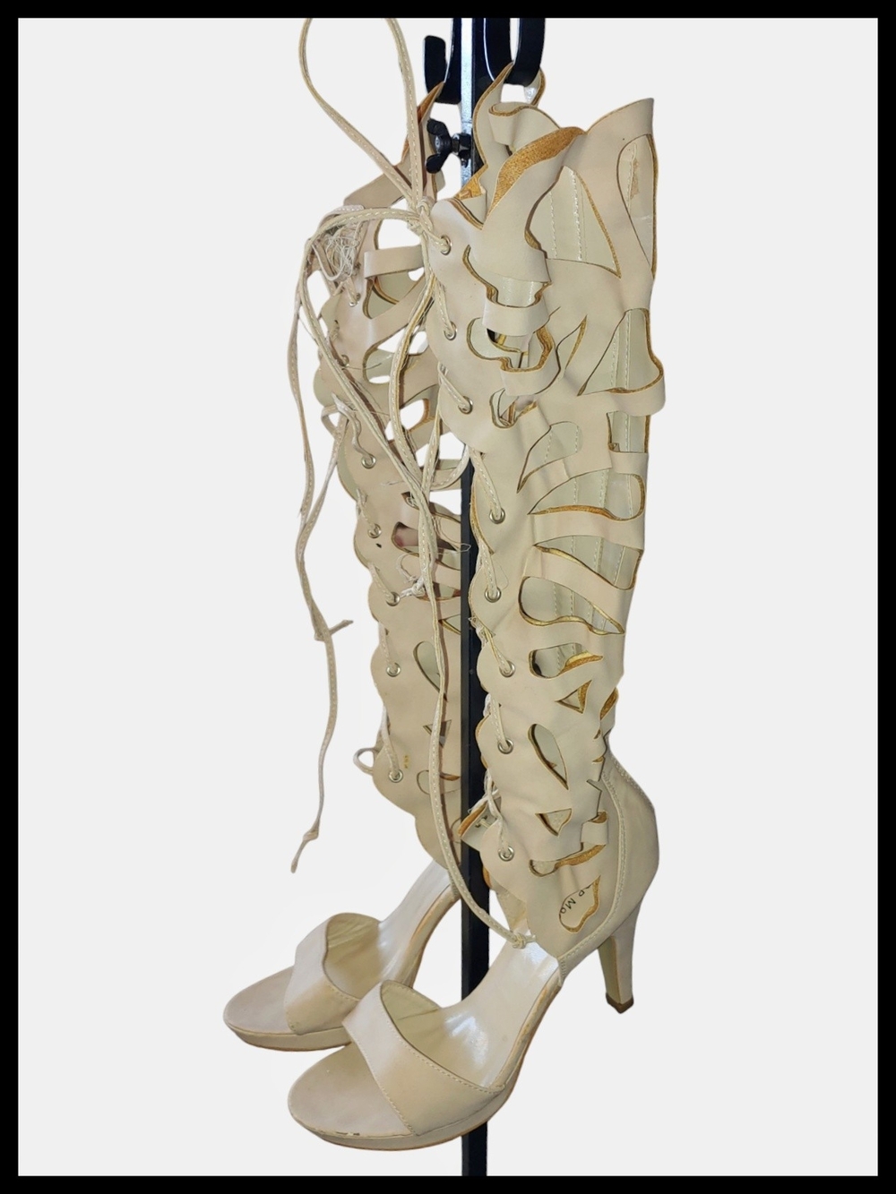 Lace-Up Cutout Knee-High Heels in Nude - Picture 3 of 6